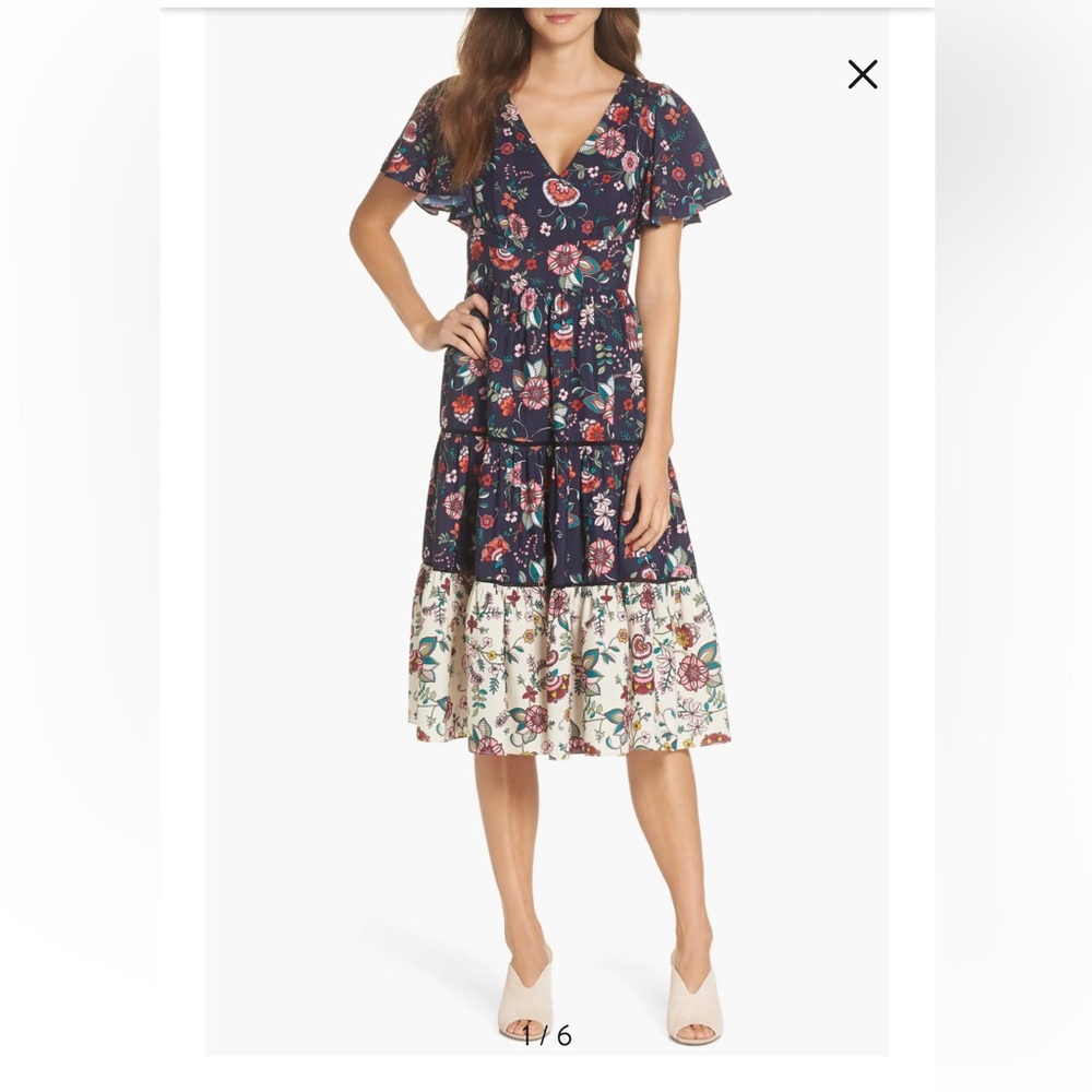 Eliza J Flutter Sleeve Tiered Fit & Flare Dress